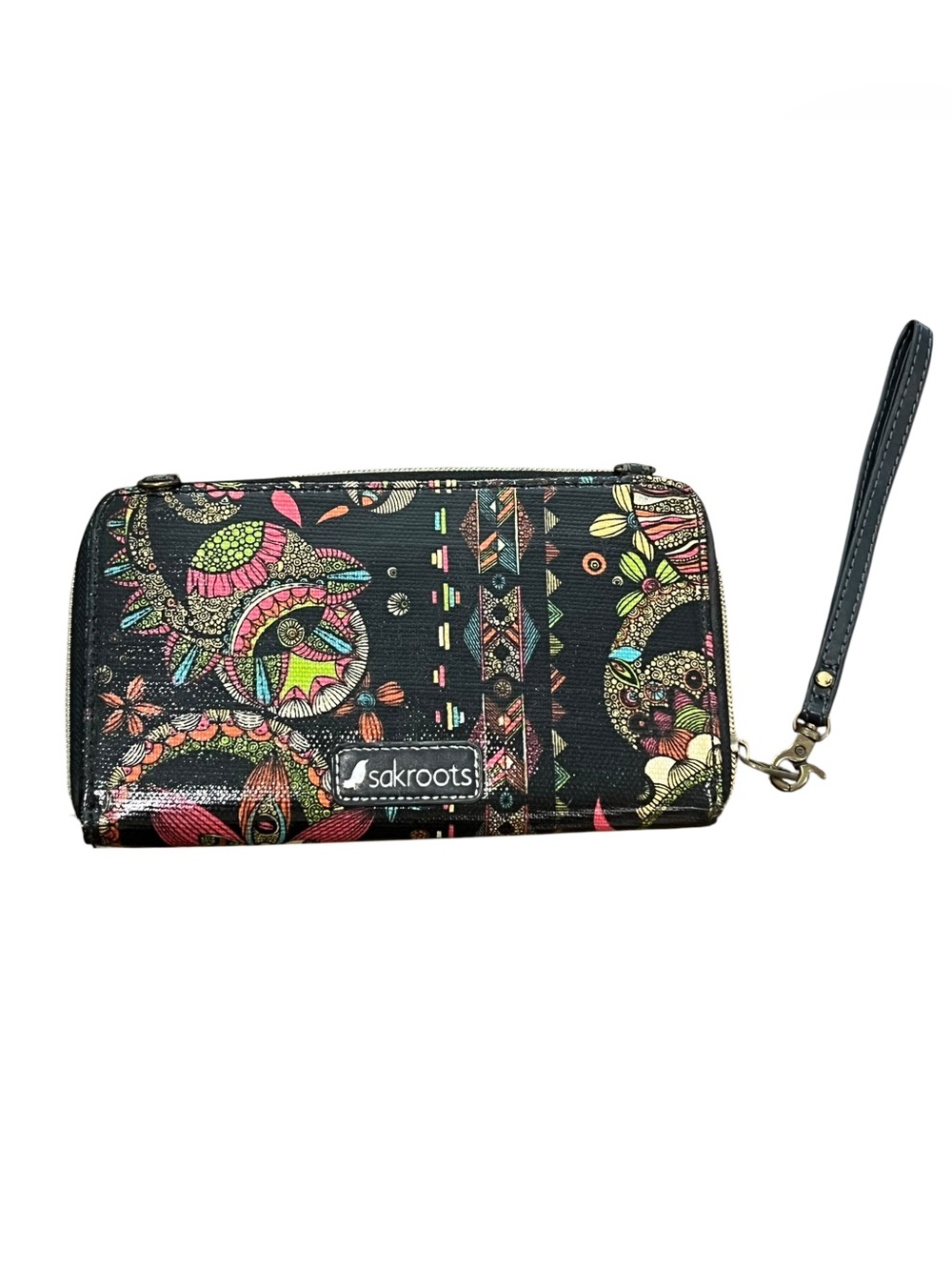 Sakroots Colorful Owl Wallet Wristlet Black Indie